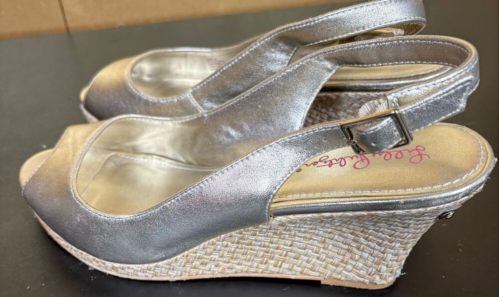 Lilly Pulitzer Wedge SHOES Gold Metallic Peep Toe Leather Sling Size 10